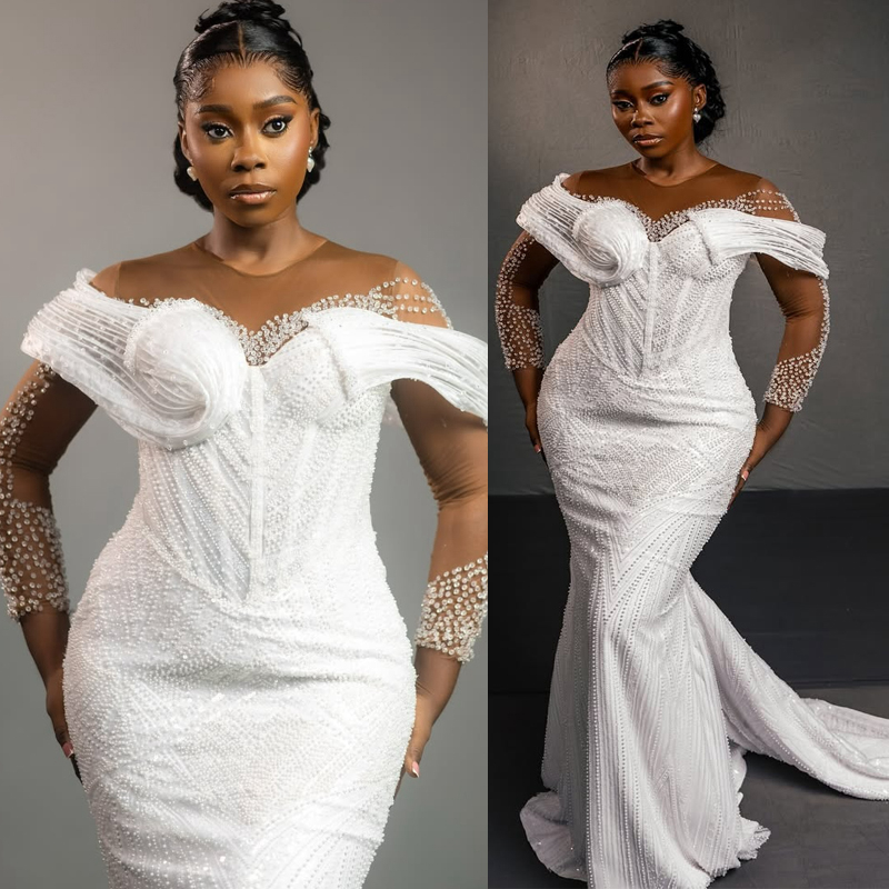 2025 ASO EBI Robe de mariée africaine Robes nuptiales pour la mariée Sirène Sirène Sheer Neck appliquée en dentelle perle perles Crystal Robe pou