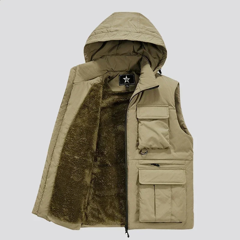 Mens Vest Coat Winter Windbreaker Fashion Sleeveless Jacket Waistcoat Thick Warm Fleece Workwear Tops Detachable hat Cargo 250920