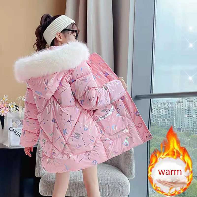 Winter Childrens Cotton Padded Coat Solid Color Medium Long Down Jacket Girls Thicken Warm Kids Fur Hooded Parka Clothes X250920