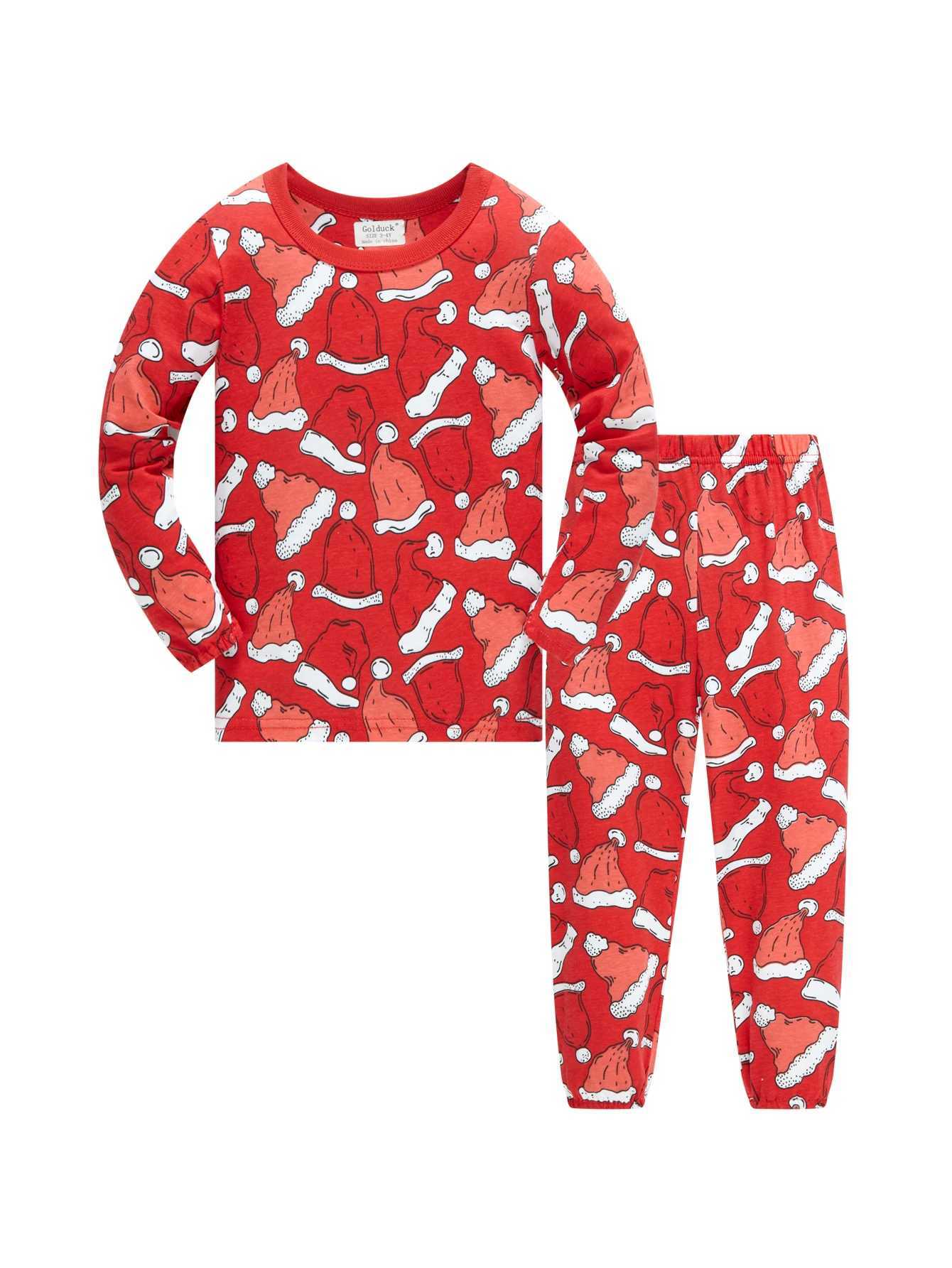 New Christmas clothes kids home wear 18 year old childrens printed red Christmas hat long sleeved pajamas sleepwear set X250920