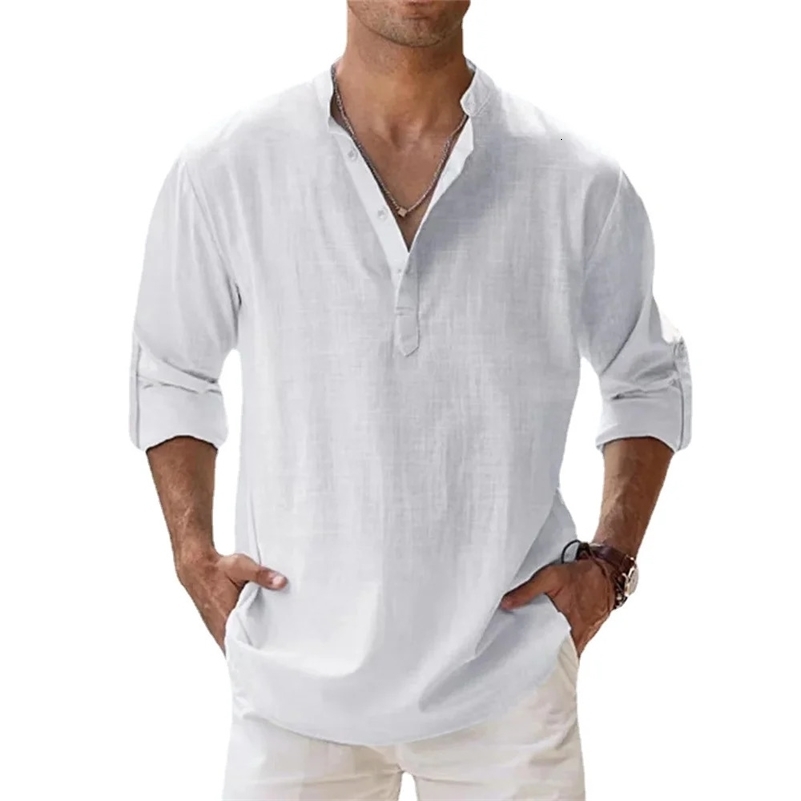 Cotton Linen Mens ShortSleeved Shirts Summer Solid Color Henley Collar Casual Beach Style Hawaiian Vacation y250919