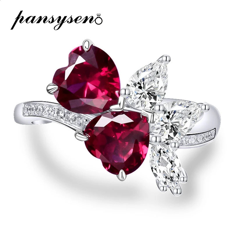 PANSYSEN Vintage 100 925 Sterling Silver 77MM Heart Cut Ruby Diamond Rings for Women Wedding Engagement Fine Jewelry Ring Gift 250920
