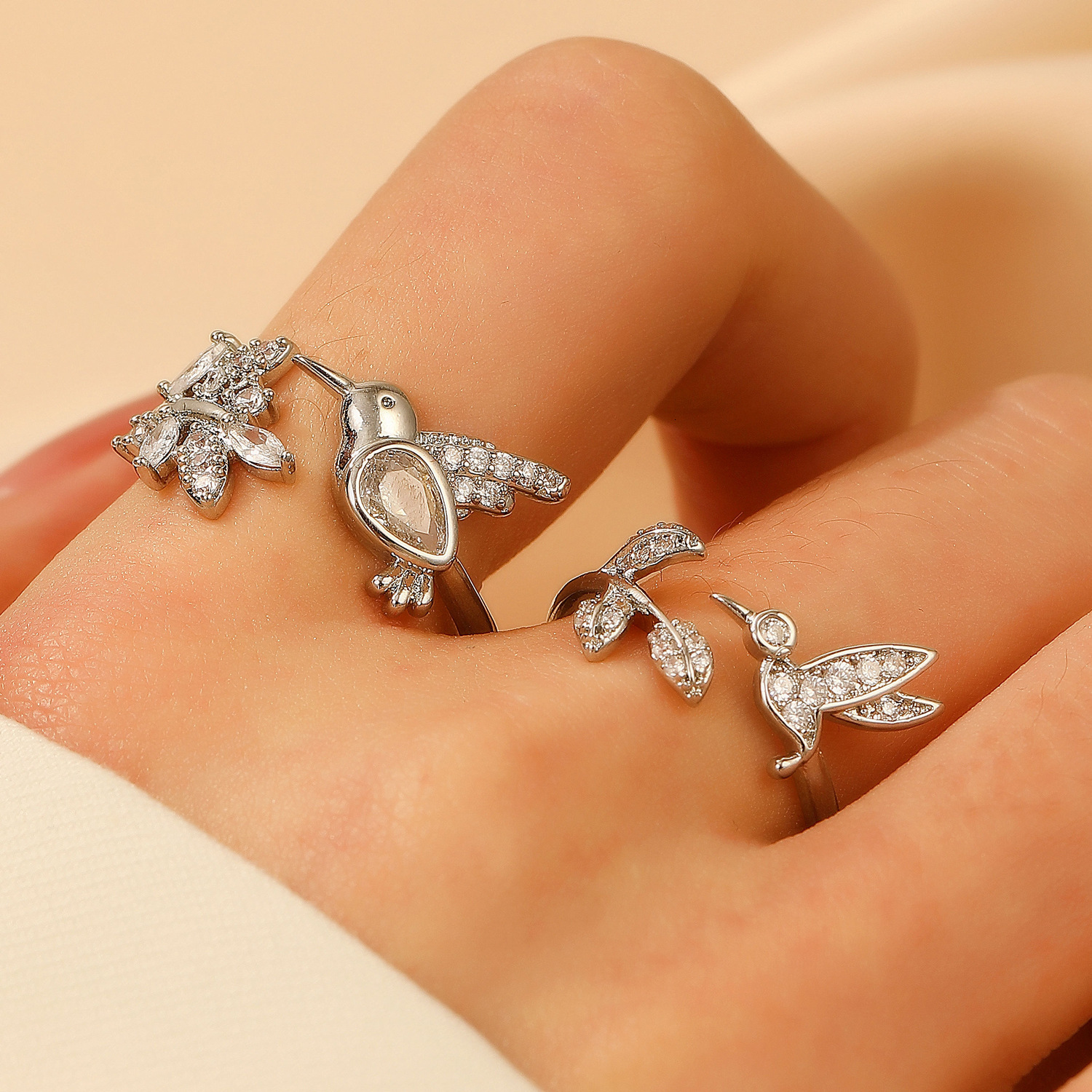 Anillo de dedo índice de pájaro con incrustaciones de cobre abierto con hoja de colibrí, joyería Temu