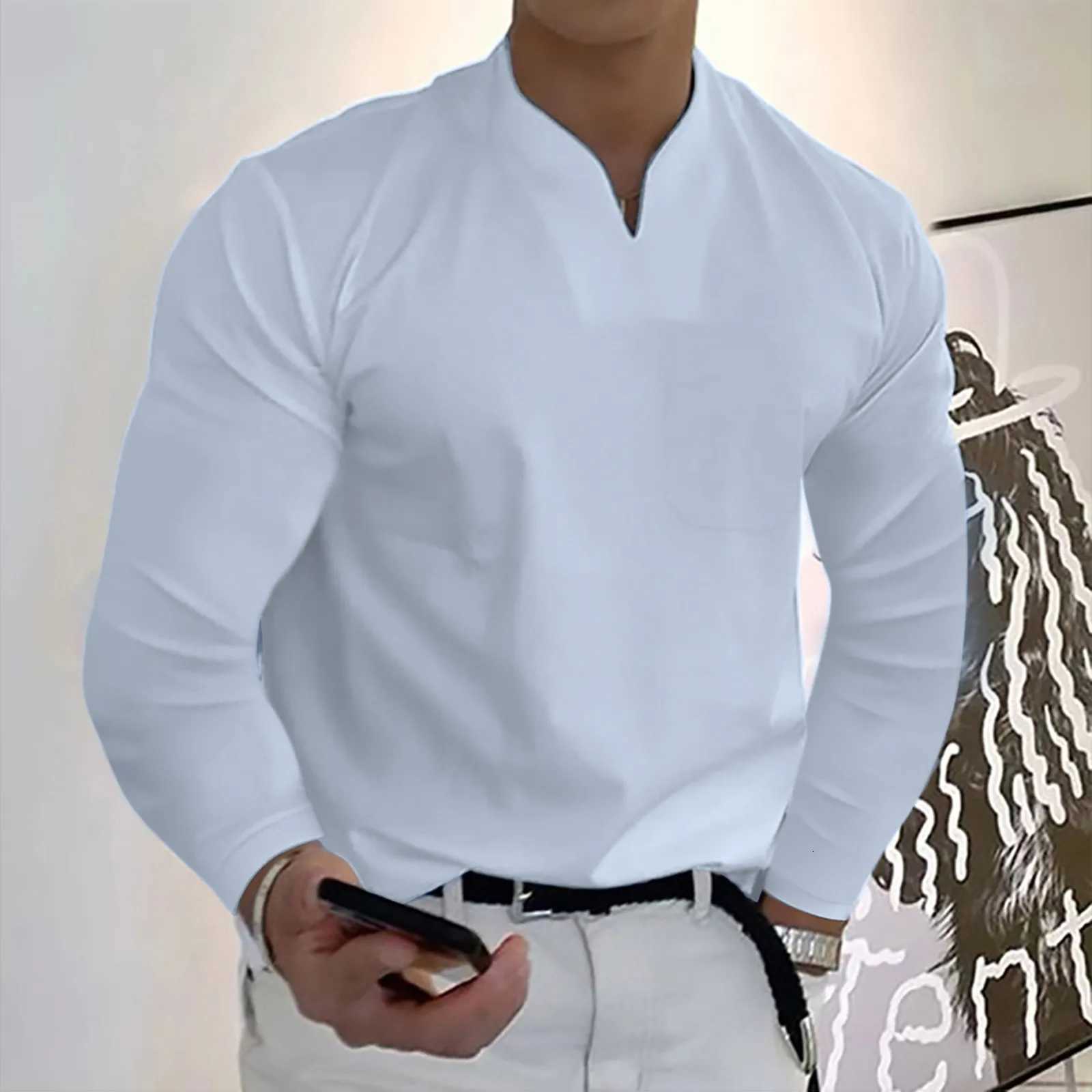 New Style Korean Version Student Clothing Trendy Men Spring Winter Casual V Neck Solid Long Sleeve Tee Shirt TopXJ250920