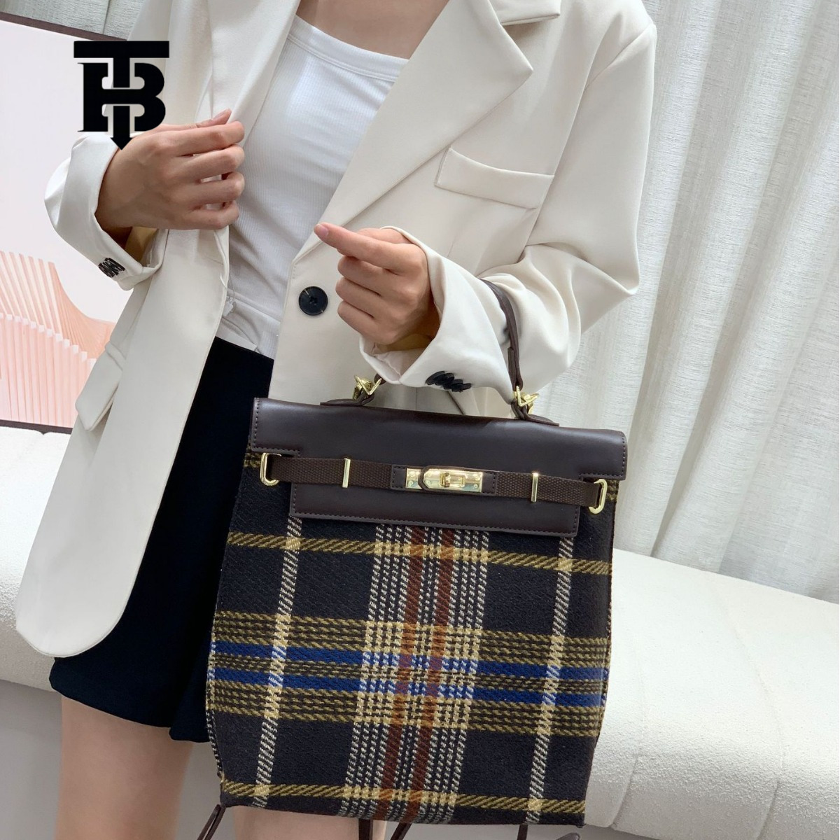 TB BHULAMTE Free Shipping New Designer Women's Bag 2025 High-quality Autumn And Winter Wool Plaid Backpack With Cover, Simple And Casual Lightw