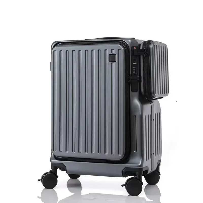 Multifunctional Carry on Suitcase Front Opening Laptop Boarding Case USB Charging Trolley Case 20 Inch ABS PC Travel Luggage W250920-image-1076020471