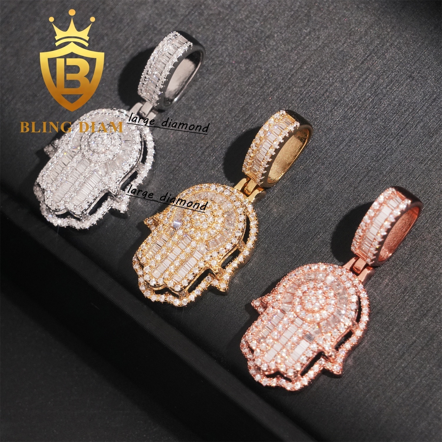 Bijoux Hip Hop directs d'usine, Baguette en diamant, pendentif en argent Sterling 925 plaqué or, breloque Moissanite Hamsa