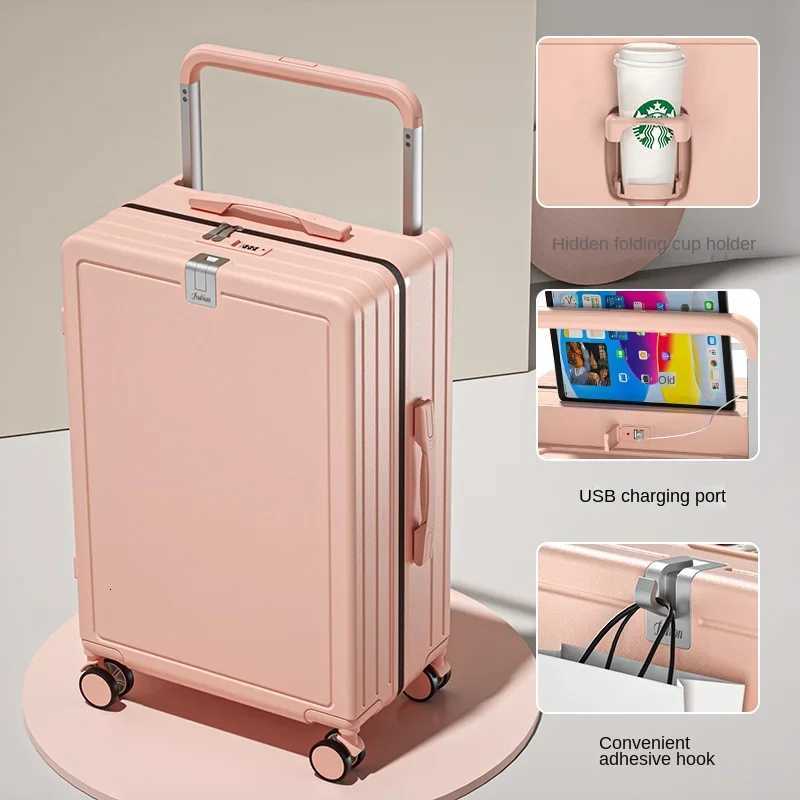 Multifunctional DrawBar Suitcase Zipper Wide Handle Trolley Luggage with Cup Holder USB Port Trip Boarding Case Spinner 20 inch W250920-image-1076019938