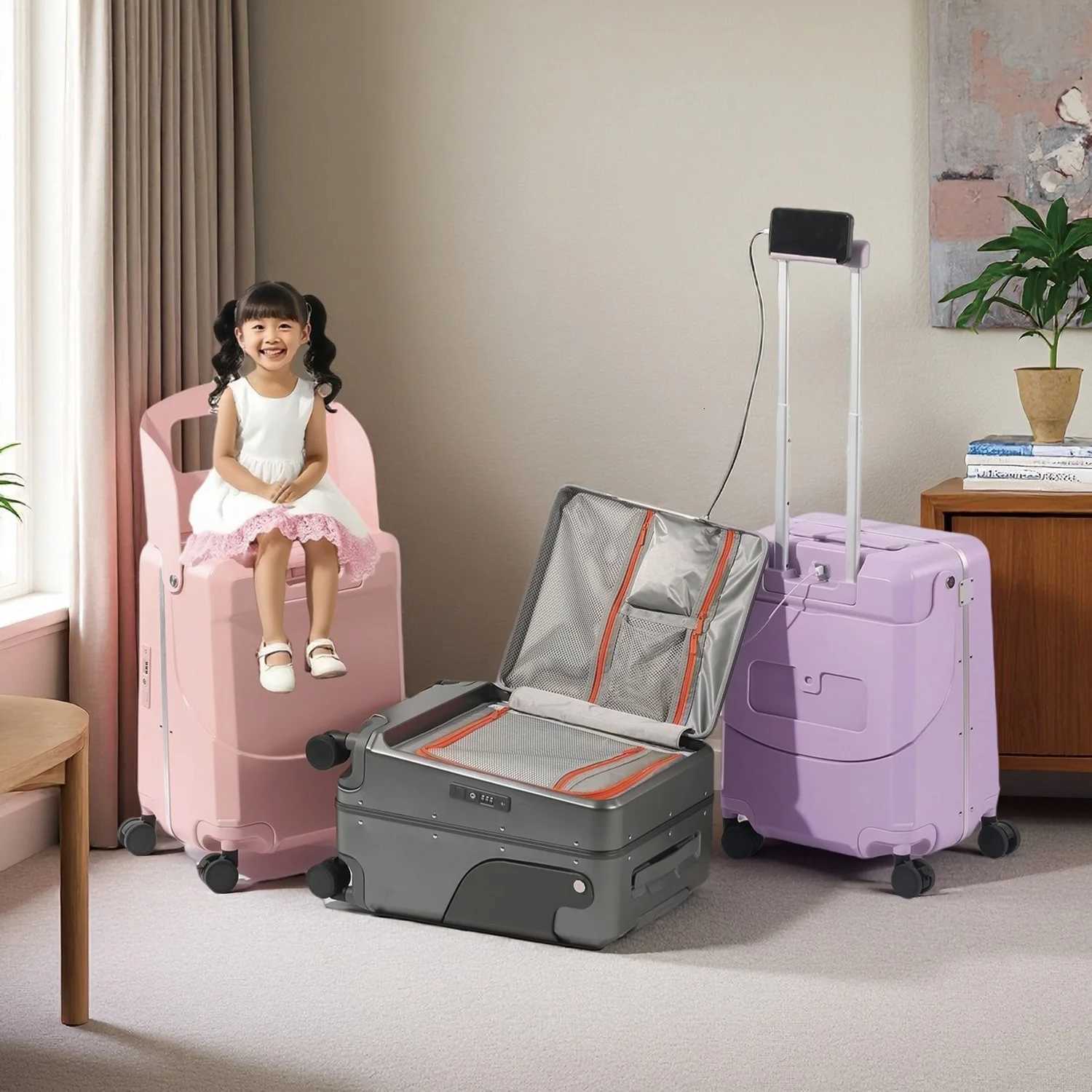 Multifunctional Aluminum Alloy Frame Suitcase Child Can Sit Trolley Case PC Luggage Brake Wheel Trolley USB Charging Interface W250920-image-1076020402