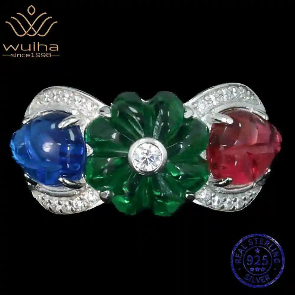 WUIHA Vintage 100 925 Sterling Silver Lab Sapphire Emerald Ruby High Carbon Diamonds Gemstone Wedding Engagement Ring Wholesale 250920