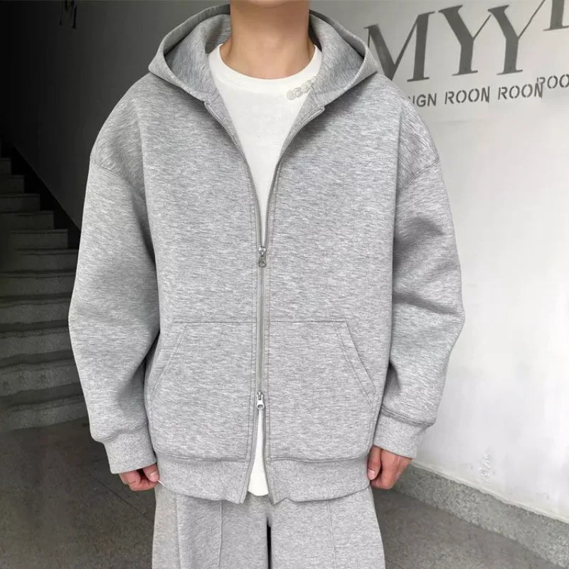 Cotton Solid Color Hooded Sweatshirt Autumn American Double Zipper Cardigan Gray Mens and Womens Loose Simple Daily Hoodies 250920