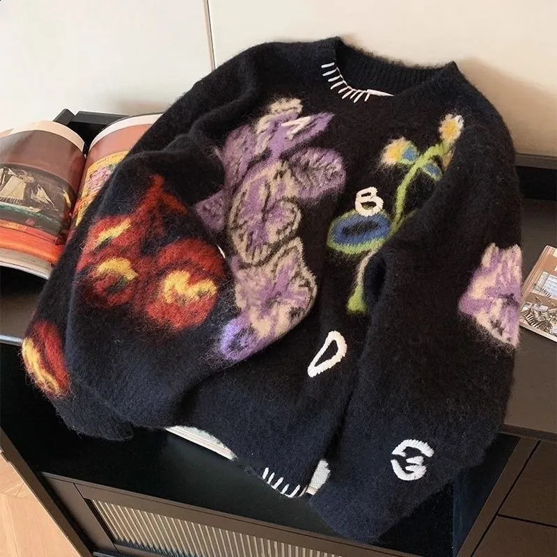 Limiguyue Autumn Winter Loose Flower Jacquard Knit Pullover Vintage Women Mink Mohair Sweater Knitwear Letter Wool Jumper E280 250919