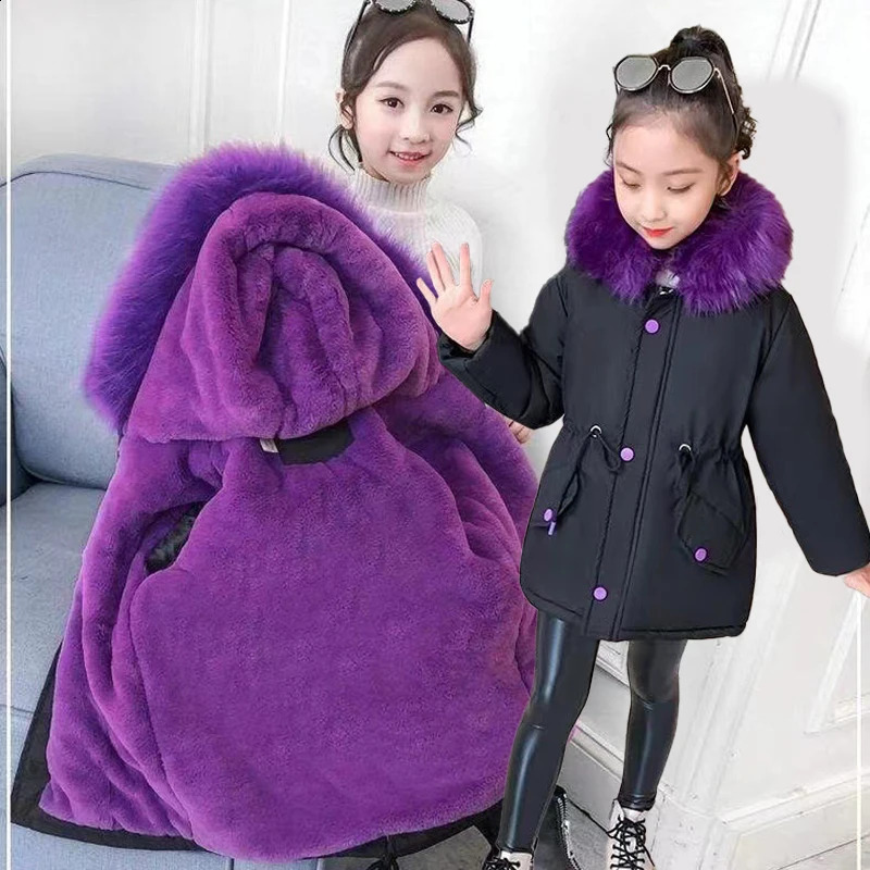 Big Size Teenagers Winter Girls Jacket Fur Collar Lining With Velvet Hooded Thick Coat For Kids Children Birthday Present 250920