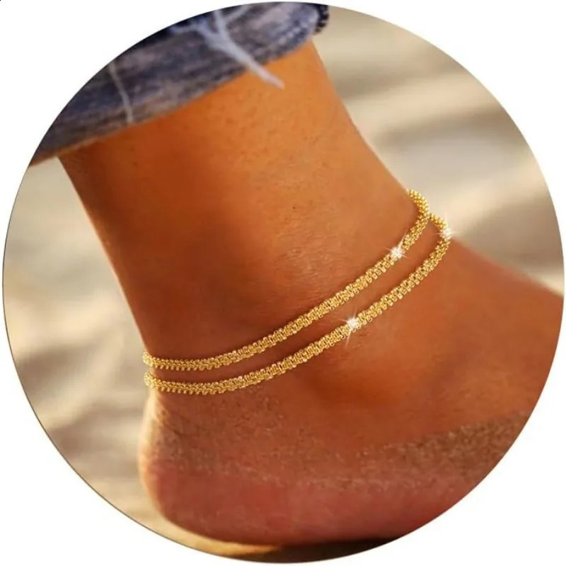 Ankle Bracelets for Women Girls Glitter Waterproof Adjustable 14K Gold PlatedSterling Silver Layered Anklets Beach Foot Jewerly 250919