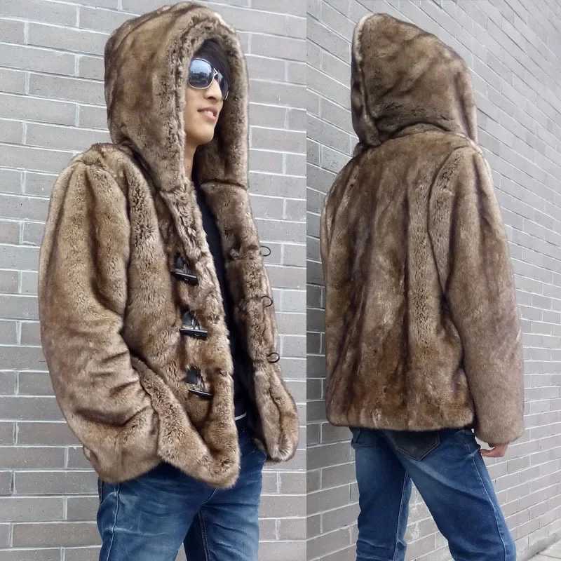 Winter Hooded Faux Fur Coat Men Thick Warm Button Fur Coat Korean Fashion Brand Outerwear Plus Size Casual Long Sleeve SnowsuitXJ250920