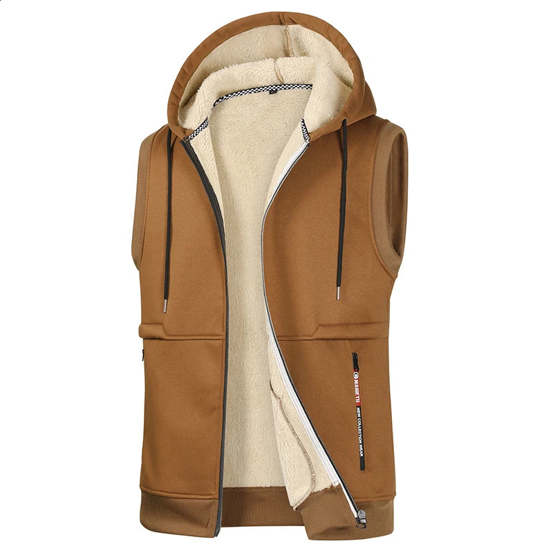 Autumn Winter Mens Lamb Wool Hooded Vest Jacket Men High Quality Vests Fleece Warm Coats Thicken Waistcoat Male 250920
