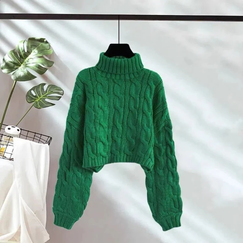 Highneck Pullover Short Twist Sweater for Women in Autumn and Winter Lazy Style Loose Thickened Knitted Outside Wear 250920
