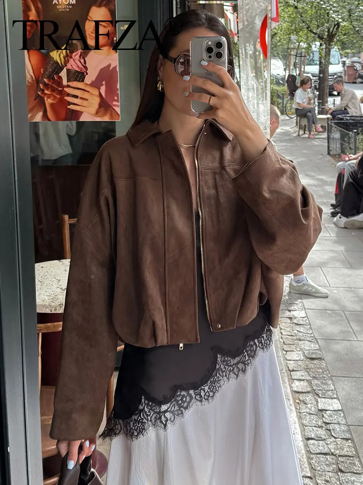 TRAFZA Vintage Womens Suede Bomber Jacket Solid Long Sleeves Lapel Zipper Coats Autumn Chic Streetwear Casual Lady Outwear 250919