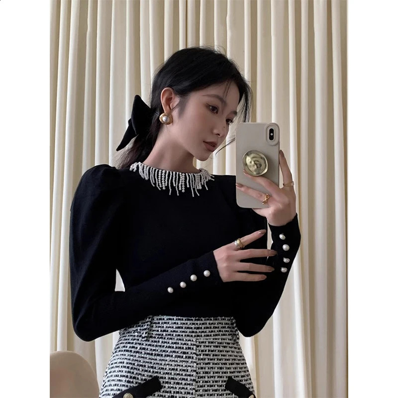 Vintage Cropped Black Sweater Women Elegant Pearl Tassel White Knitted Pullovers Korean Long Sleeve Knitwears Winter Jumpers 250919
