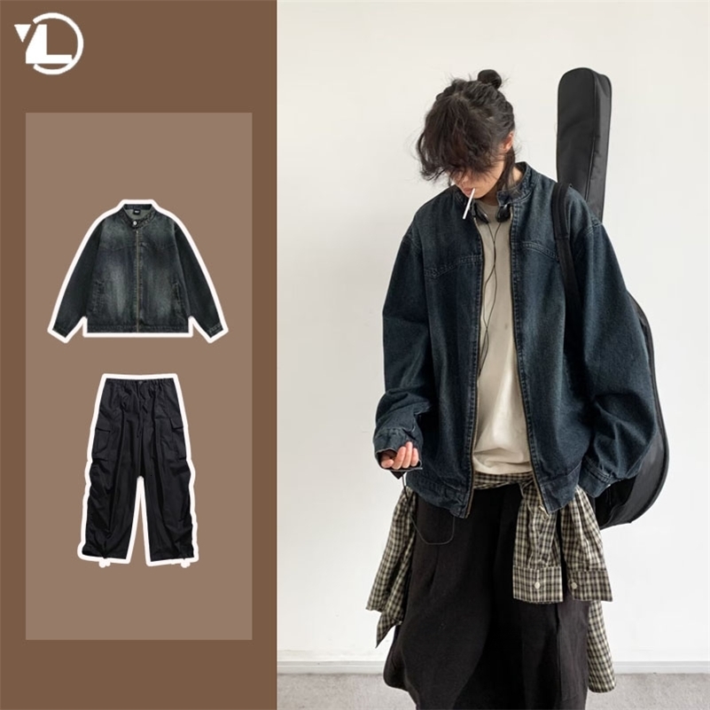 Street Punk Mens sets Spring Automne Hip Hop Denim Jacketsbig Pocket Wide Leg Cargo Pantals 2pcs sets costumes Trendy Costumes Unisexe 250919