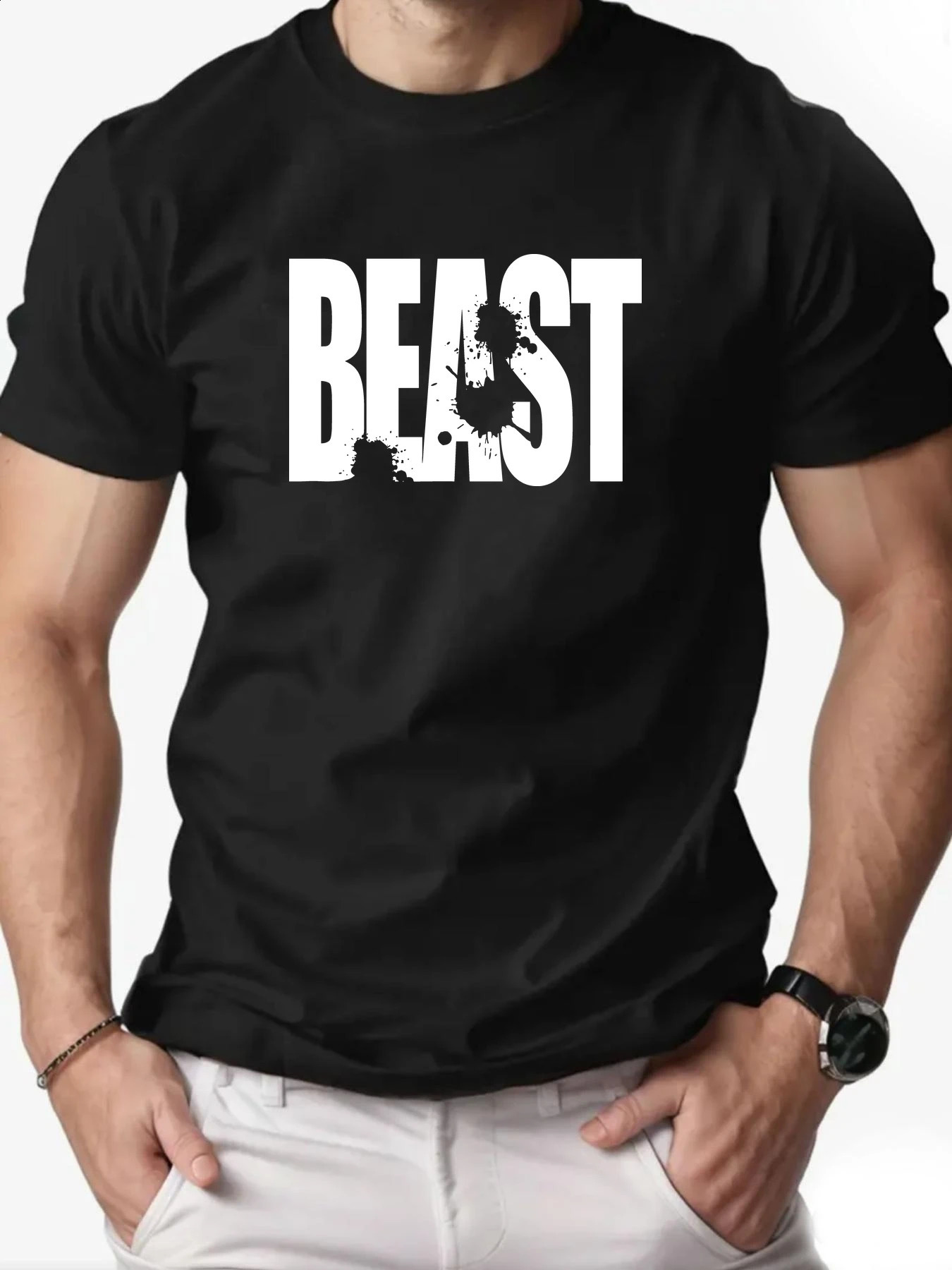 Mens 100 Cotton Tshirt BEAST Print Short Sleeve Top Casual Comfortable Breathable Summer Tee for Men 2025 Fashion 250921