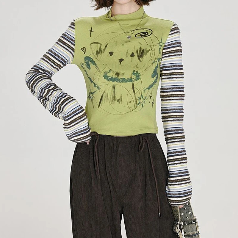Streetwear Retro Striped T-shirt Femmes Fall Y2K Patchwork Imprimé en coton pur Tees High Street Slim Fit Long Sleeve Bottings Tops 250919