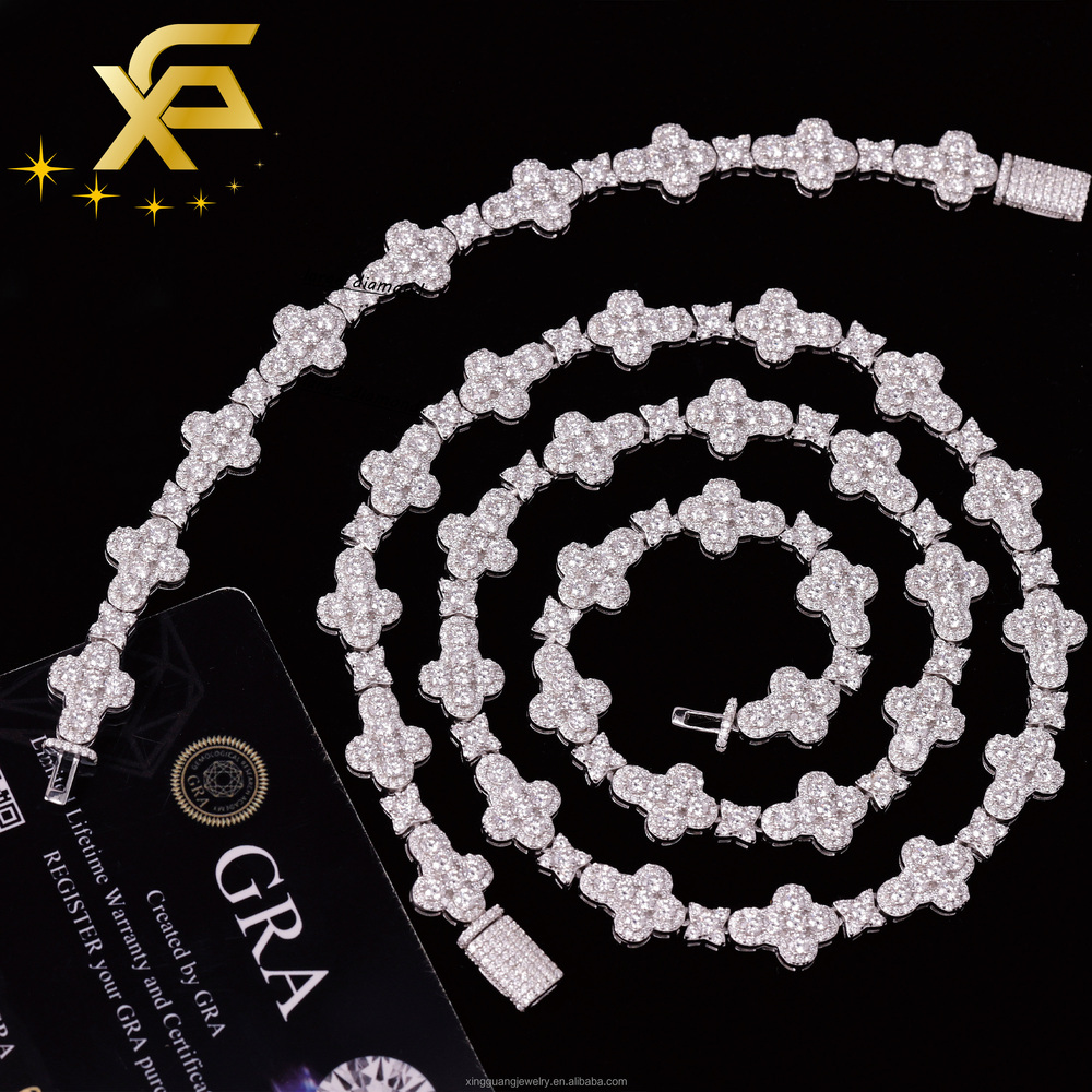Cross Chain 925 Sterling Silver HipHop 15MM Round DVVS Moissanite Chain Gold Plated Polished Silver Cuban Link Chain Necklace