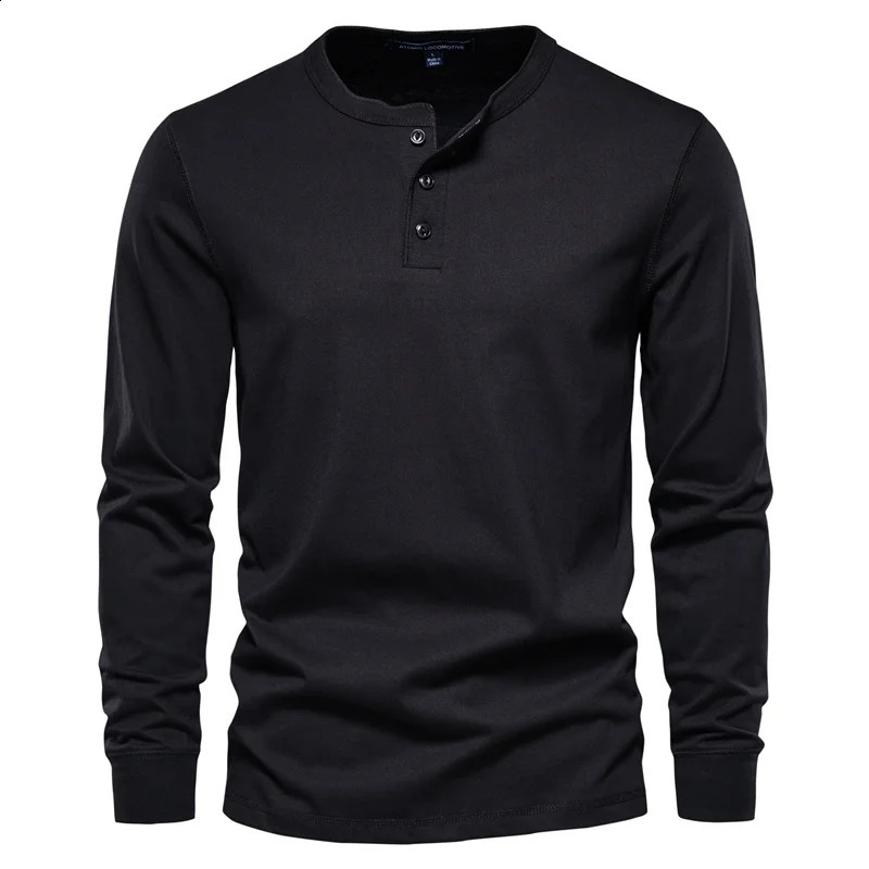 Simple Solid Color Print Mens Henry T Shirts Fashion Long Sleeve Button Tops Spring and Autumn Casual Daily Loose Tees Clothes 250920