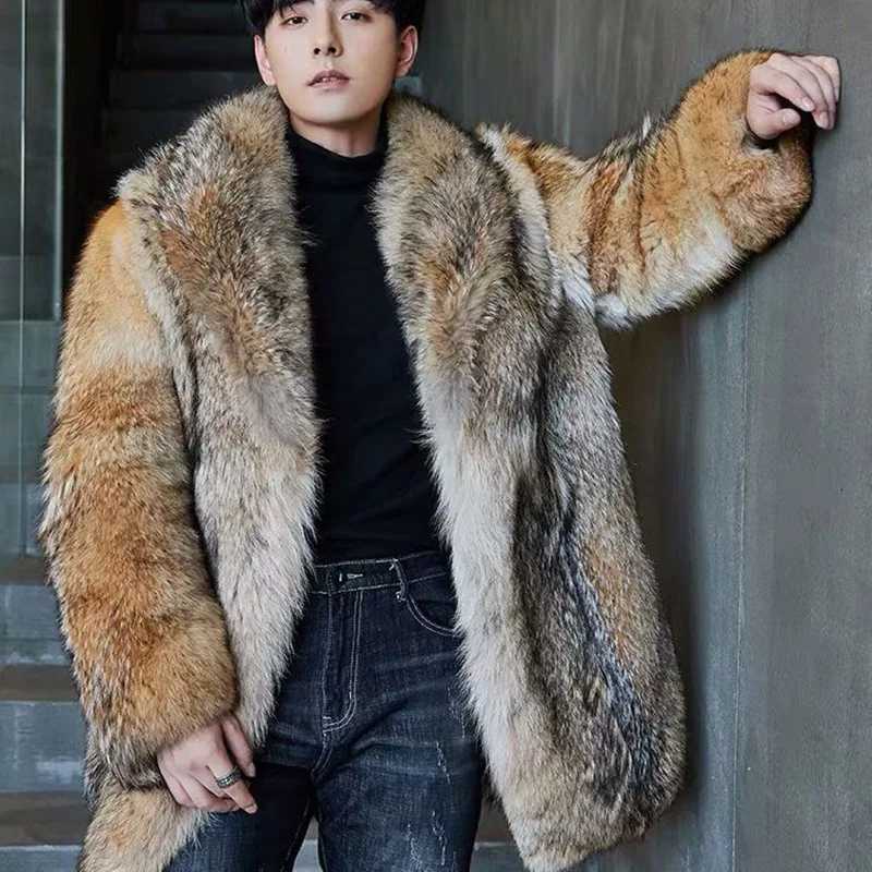 Men Faux Fur Cardigan Jacket Long Sleeve Thick Warm Fur Coats Outerwear High Street Loose Turn Down Collar Pockets AutumnXJ250920