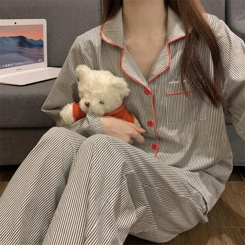 2PCSSet Womens Long Sleeve Loose Breathable Student Sleepwear Loungewear Cardigan Gray Striped Girl Fashion Pajamas Homewear 250919