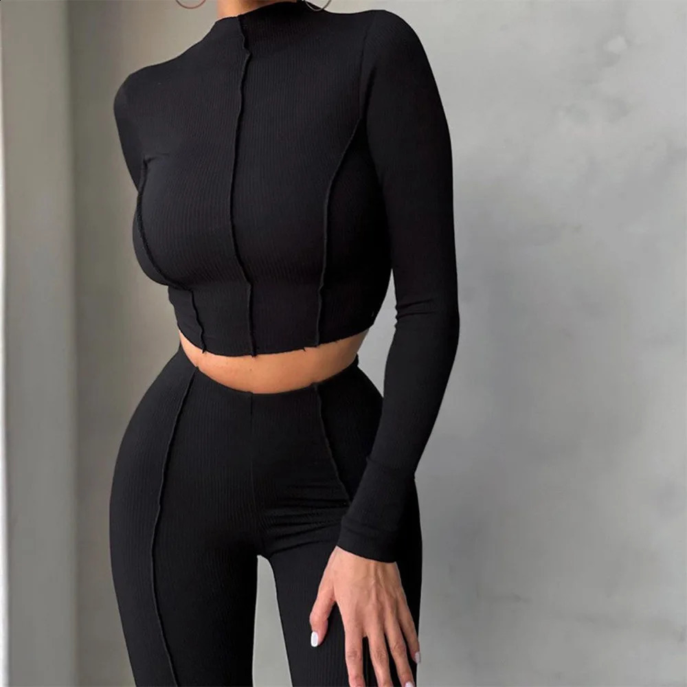 Ensemble à manches longues pour femmes en automne avec couleur ronde à coude haute taille sexy slim fit slim set deux pièces inverse n 250917