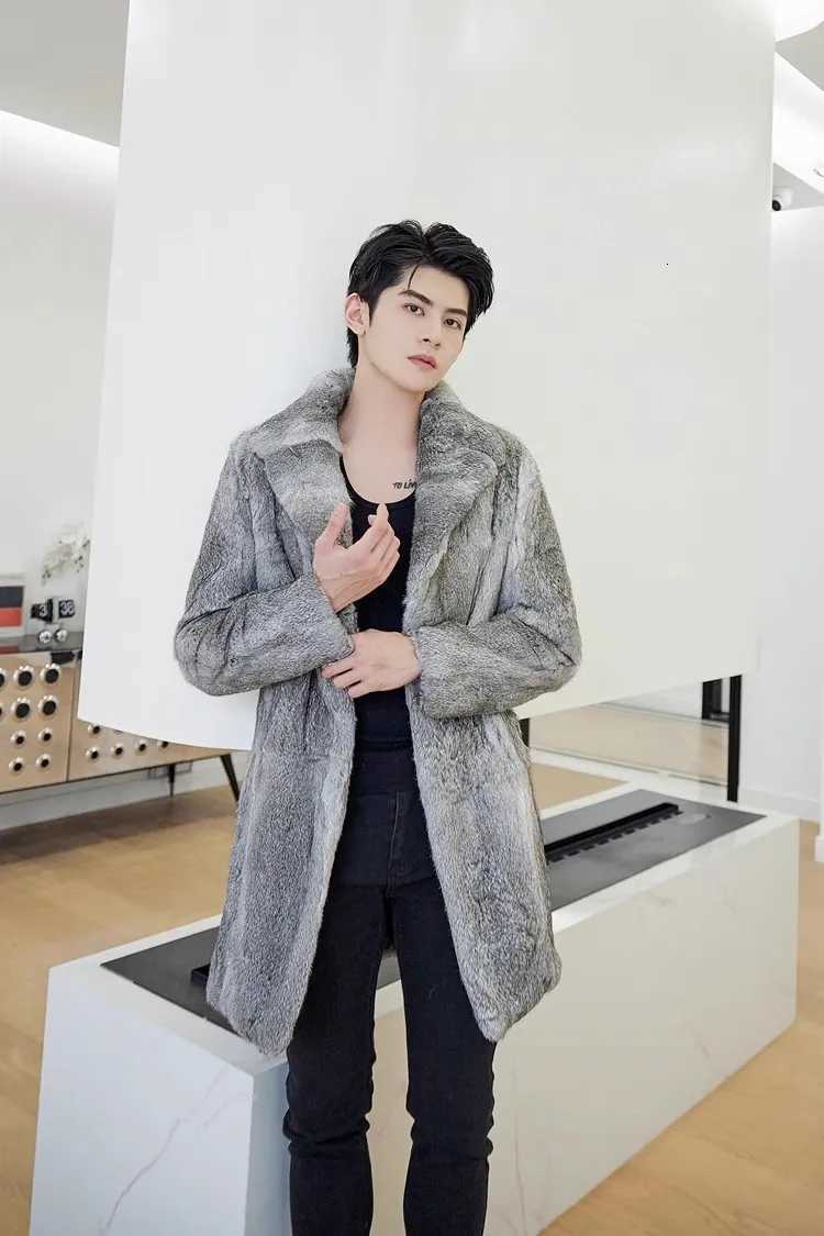 Real genunie natural rabbit fur coat mens Englishcollar long fashion jacket warm winter custom any size W250920