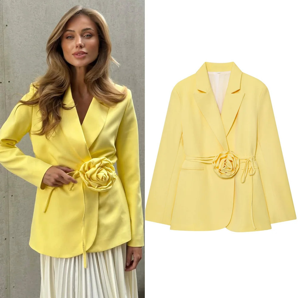 Womens Autumn Blazer Jacket With Lapel 3D Flower Tie At Waist Cinched Fashion Female Outwear Coats OL Solid Jackets 250920