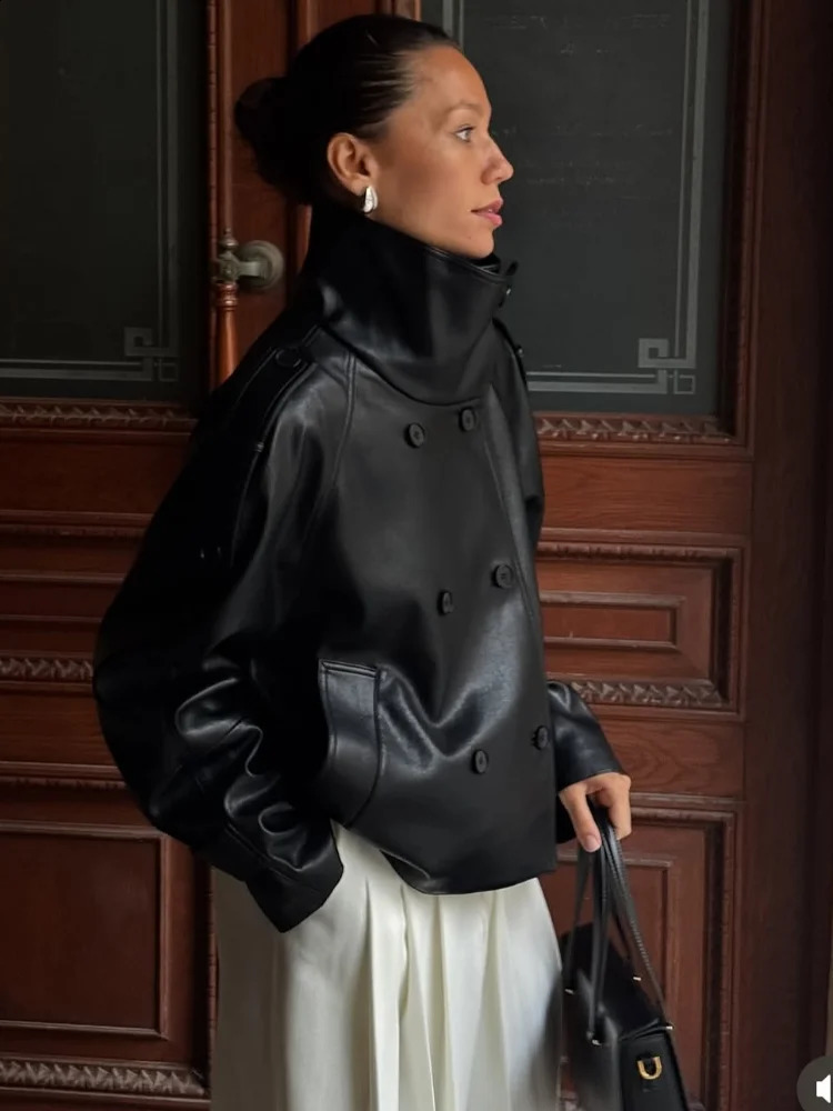 Y2K Stand Collar Up Leather Bomber Jackets For Women Elegant Long Sleeve Coats Female High Street Chic Double Breasted Outerwear 250920