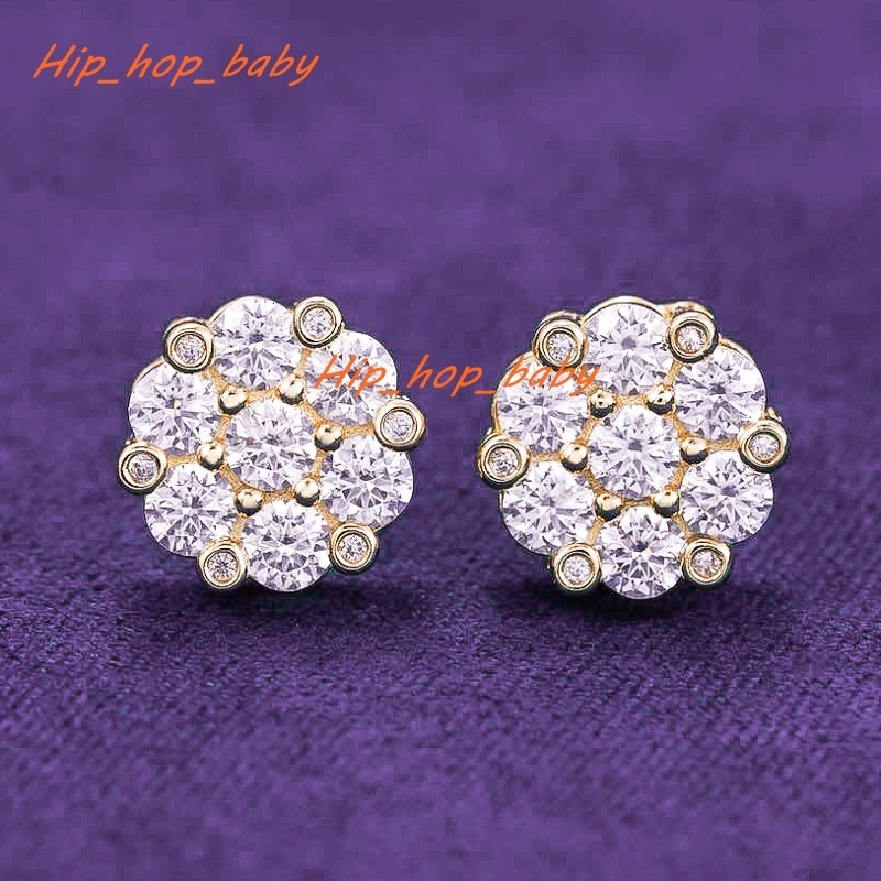 GRA Hip Hop Iced Out Bling 925 Sterling Silver Pass Diamond Tester VVS Moissanite 10MM Flower Cluster Stud Earrings for Men