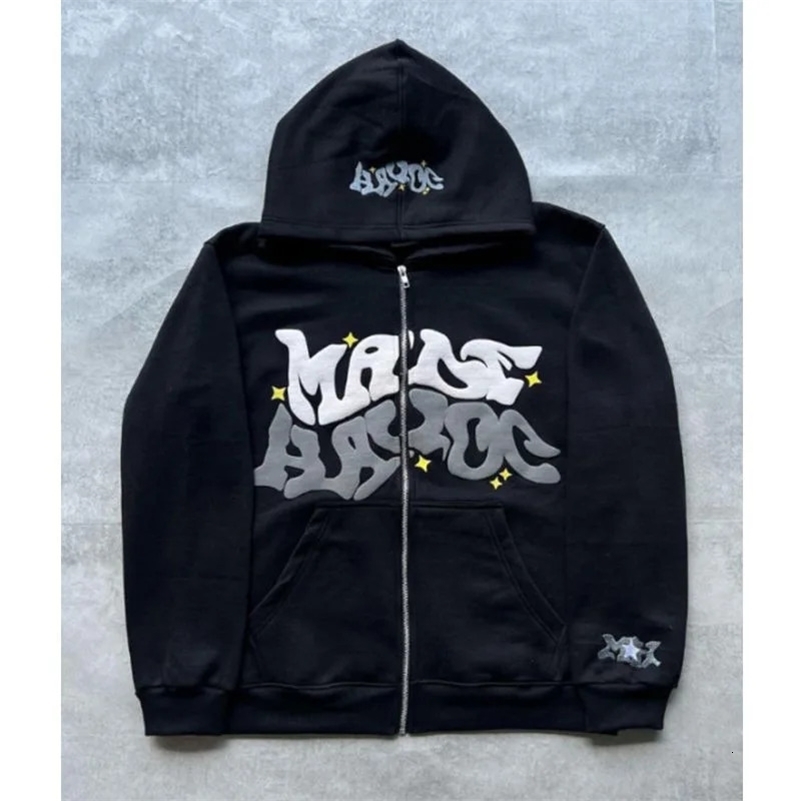Zipper hooded sweatshirt with retro American letters and stars suitable for men and women Y2K jacket autumn d winter cardigan 250919
