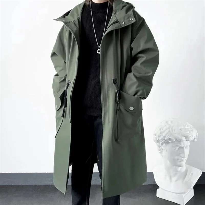2025 Spring Autumn Army Green Windbreaker Fashion Men Midlength Casual Hooded Coat Men Daily High Street Overcoat Male Clothes 250919