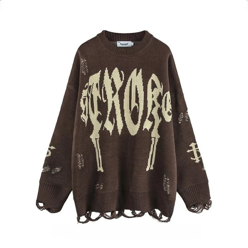 Vintage Hole Gothic Pullovers Pi Shuai Sweater Letter Jacquard Mens and Womens High Street Couple Loose Lazy Knitted Sweater 250919