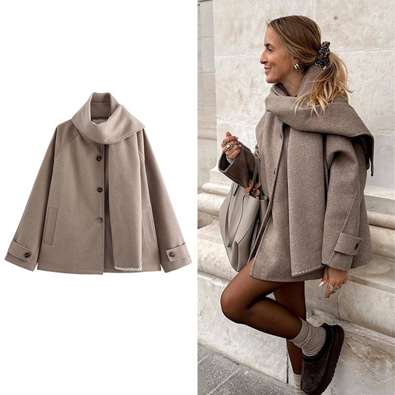 TRAF Womens Premium Scarf Trimmed Button Long Sleeve Jacket Solid Colour Fashion Tweed Temperament Clothing y250919