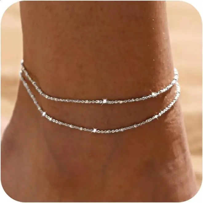 Women Sterling Silver Ankle Bracelets Trendy Waterproof Anklets Set Adjustable Layered Anklet Bracelets Summer Beach Jewelry 250919