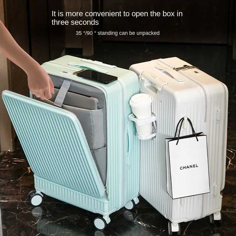 2024 New Suitcase Front Opening Luggage USB Laptop Bag Carryon Travel Bags Rolling Cabin Suitcases 18 22 28 inch Trolley Case W250920-image-1076020451