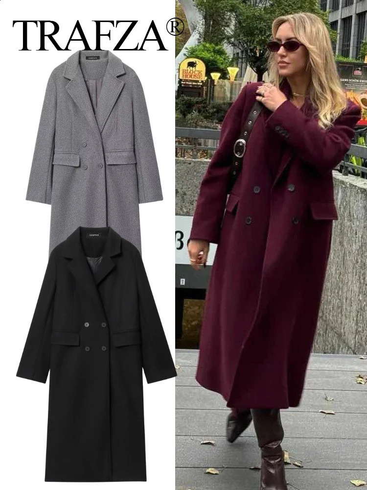 Fashion Womens Soild Woolen Coat Casual Double Breasted Long Sleeve Lapel Blends Tweed Jacket Autumn Winter Streetwear 250919