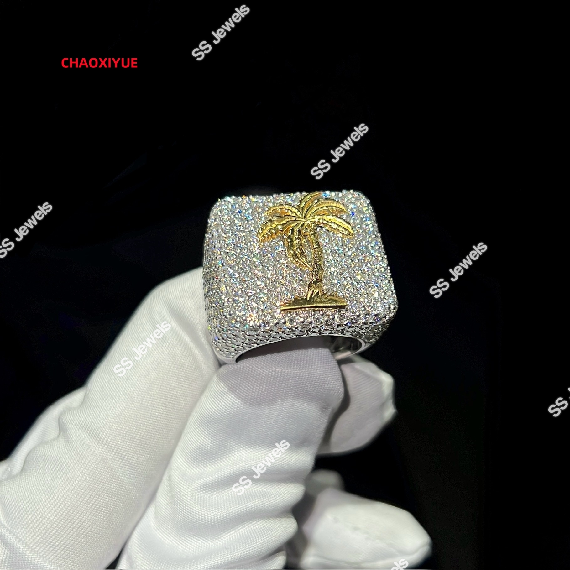 Mens Iced Out VVS Lab Grown Diamond Champion Ring 925 Silver Custom Palm Tree Design Hip Hop CVD HPHT Stone Pinky Ring For Gift