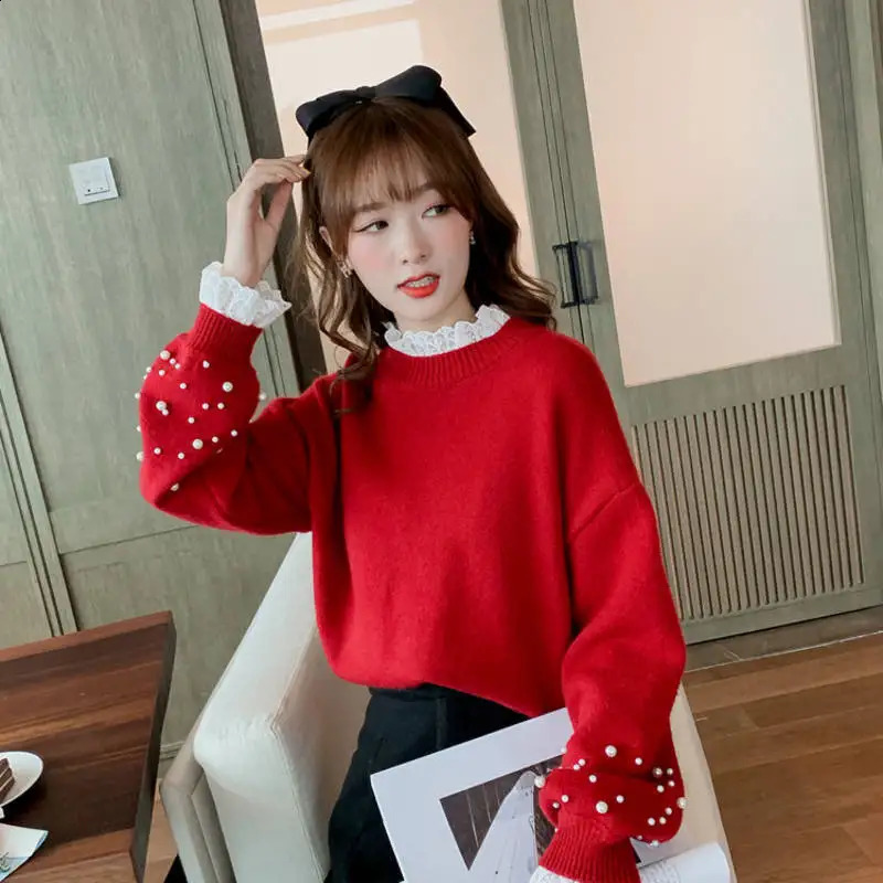 2025 Winter Lace Spliced stand Collar Fruit Color Loose Pearl Nail Beads Fashionable Slim and Versatile Sweater for Women 250919