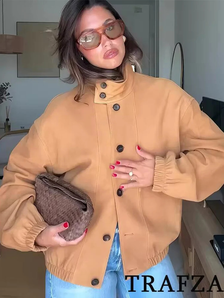 TRAF Vintage PU Leather Jackets for Women Autumn Women High Street Jacket Coats Loose Casual Single Breasted Outerwear 250919