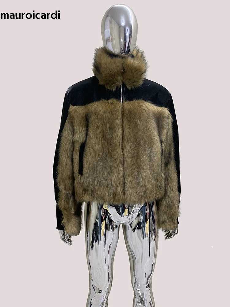 Mauroicardi Hiver court épaissis épaissis chaud noir Pu en cuir patchwork marron fausse manteau de fourrure de luxe vêtements de créateur de luxe