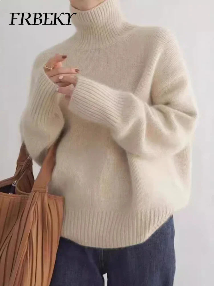 Womens Sweater Autumn Korean Fashion High Neck Knitted Jumper Solid Colour Loose Longsleeved Knit Sweater Female Clothing 250919