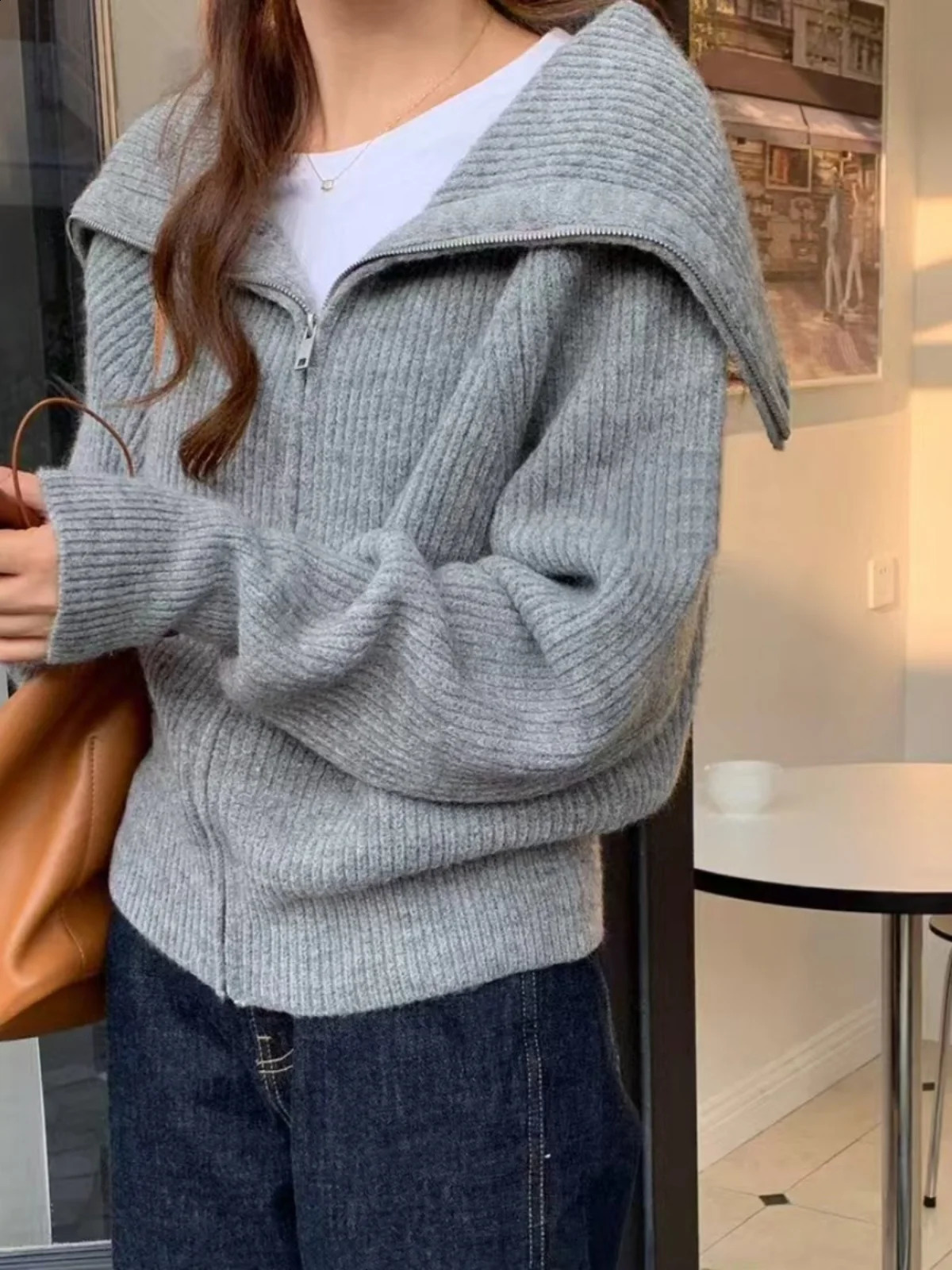 ay Open Cardigan Sweater Outerwear Womens Loose Zipper High Collar Autumn Winter Korean Sle Lazy Soft Knitted Top 250919