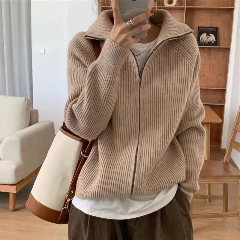 Simplicity Fashion Autumn Winter Sweaters Womens Solid Lapel Two Way Zipper Temperament chic Long Sleeve Cardigan Knitted Tops 250919