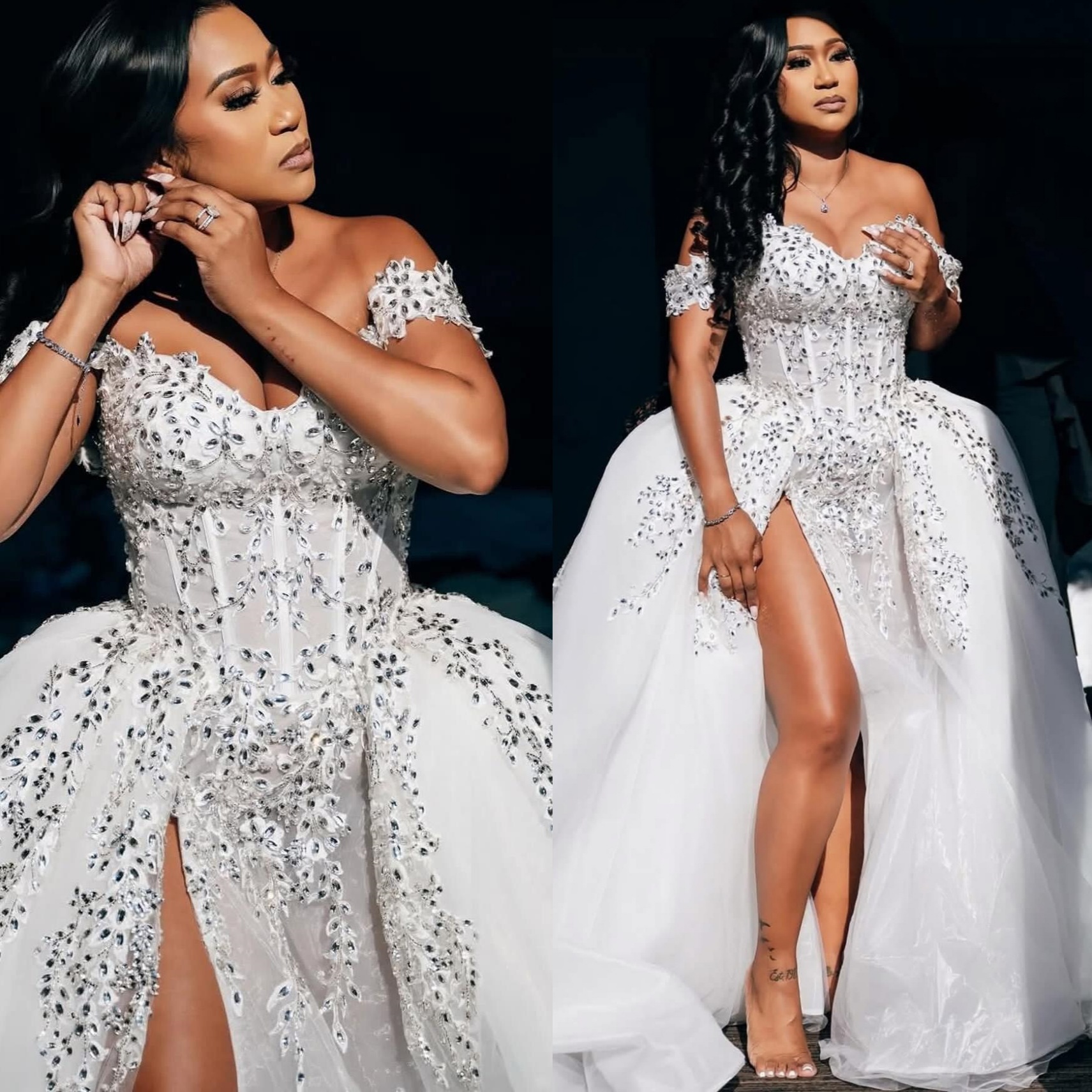 2025 ASO EBI Plus taille Boule de bal Robe de mariée en dentelle Crystals en dentelle Organza High Split Vintage Bridal Robes Robes ZJ0466